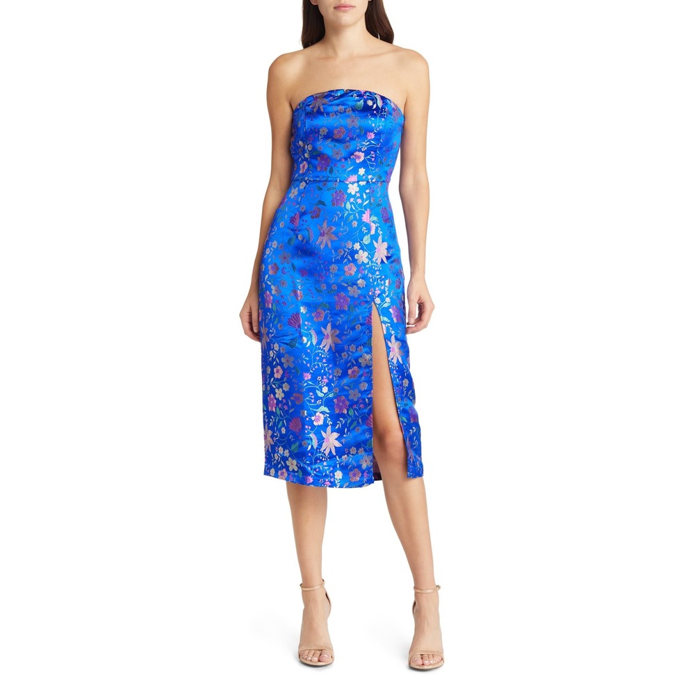 Lulus Make A Move Floral Jacquard Strapless Satin Midi Dress XS Blue Side Slit